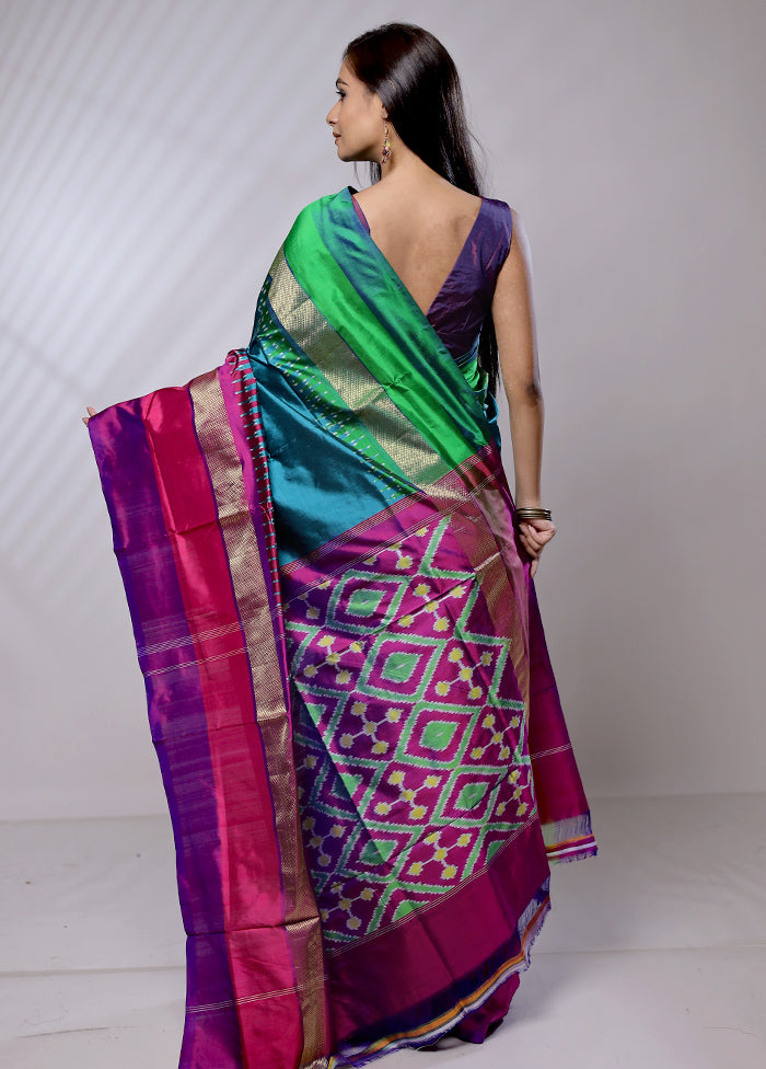 Green Handloom Ikkat Pure Silk Saree With Blouse Piece