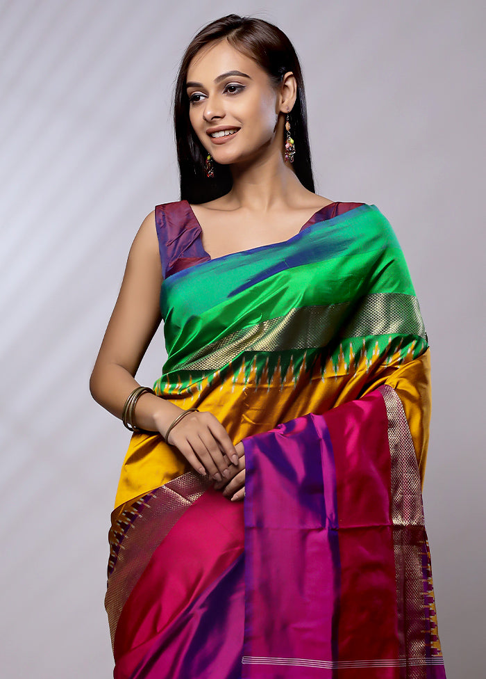 Yellow Handloom Ikkat Pure Silk Saree With Blouse Piece