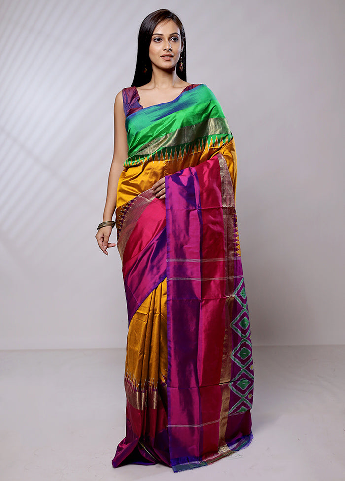 Yellow Handloom Ikkat Pure Silk Saree With Blouse Piece