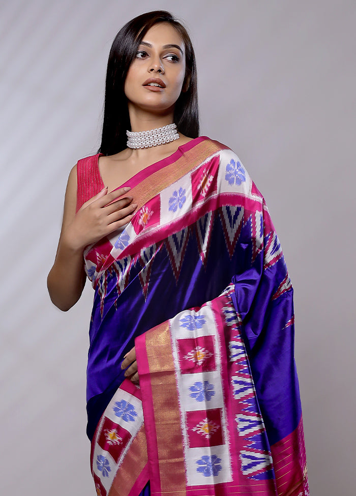 Blue Handloom Ikkat Pure Silk Saree With Blouse Piece