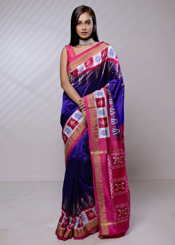 Blue Handloom Ikkat Pure Silk Saree With Blouse Piece