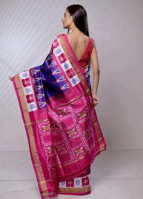 Blue Handloom Ikkat Pure Silk Saree With Blouse Piece