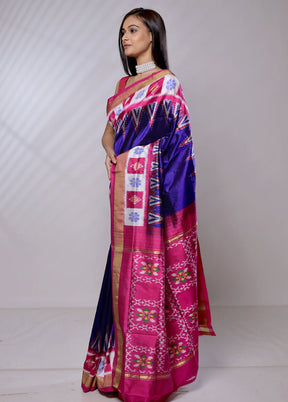 Blue Handloom Ikkat Pure Silk Saree With Blouse Piece