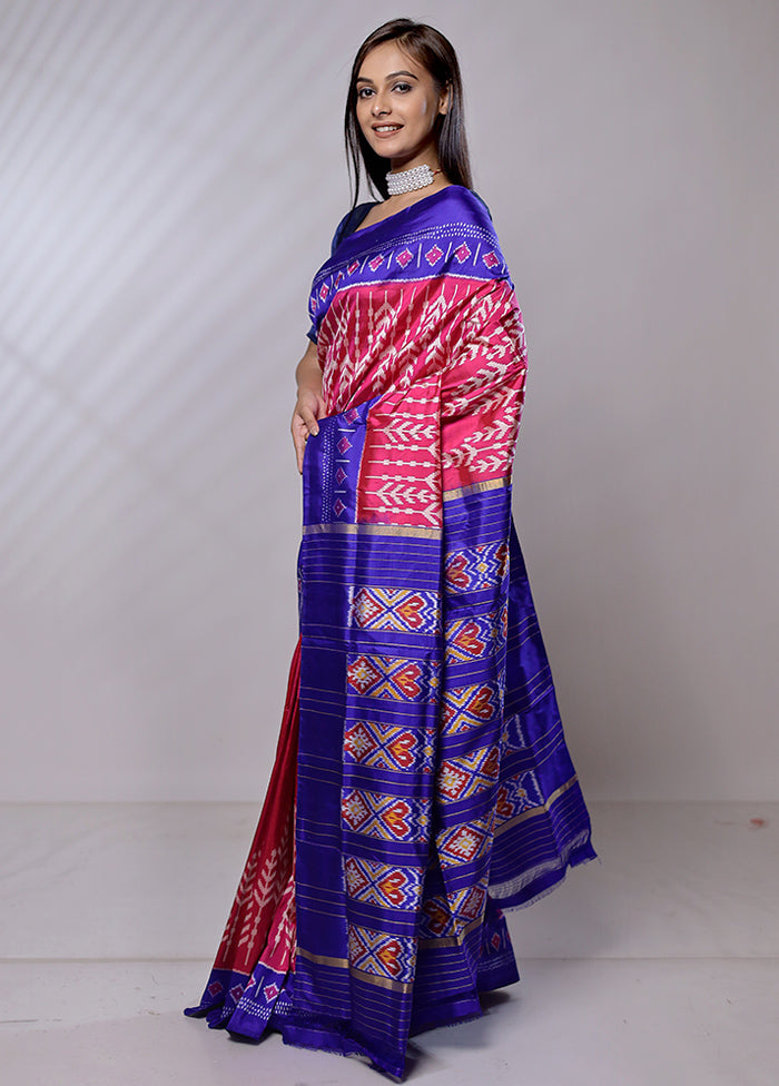 Pink Handloom Ikkat Pure Silk Saree With Blouse Piece