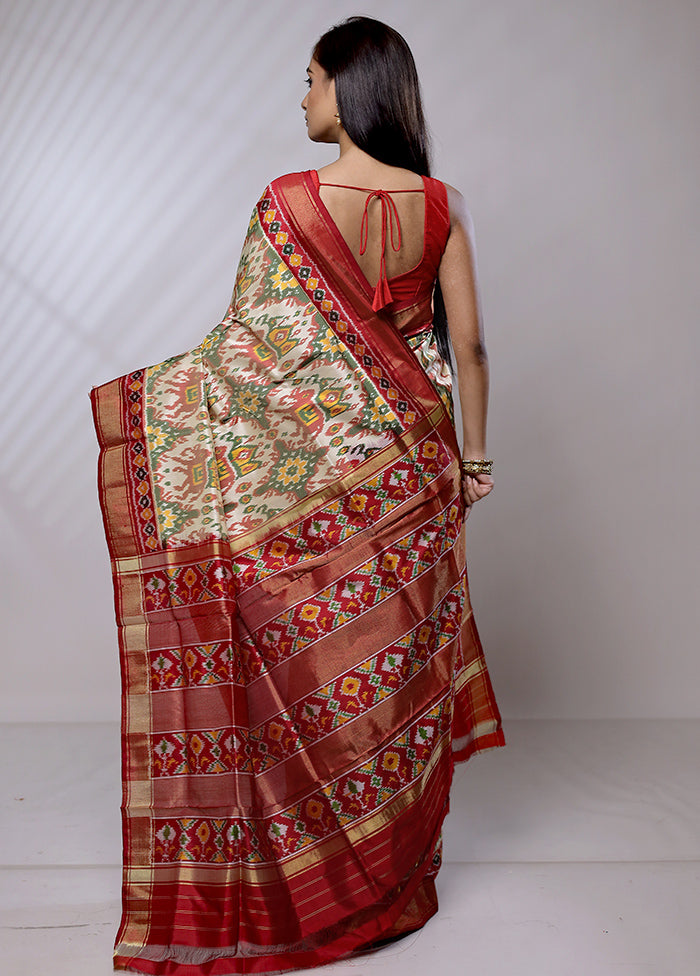 Cream Handloom Ikkat Pure Silk Saree With Blouse Piece