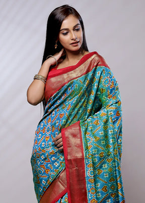 Blue Handloom Ikkat Pure Silk Saree With Blouse Piece