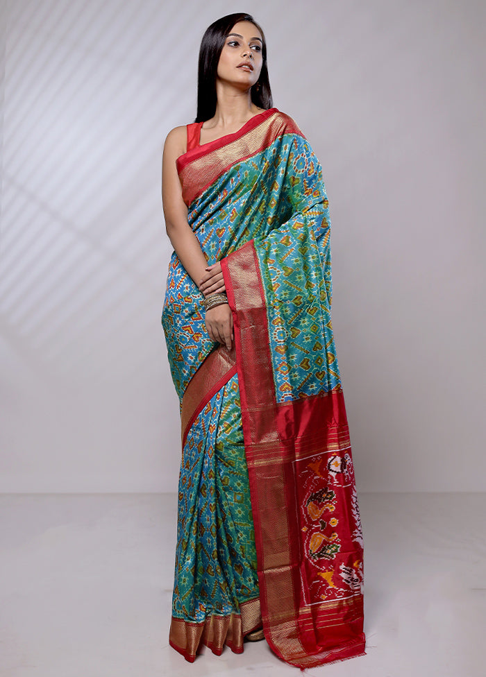 Blue Handloom Ikkat Pure Silk Saree With Blouse Piece