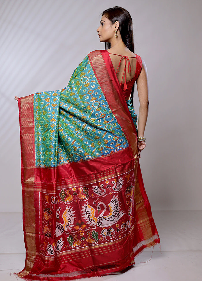 Blue Handloom Ikkat Pure Silk Saree With Blouse Piece