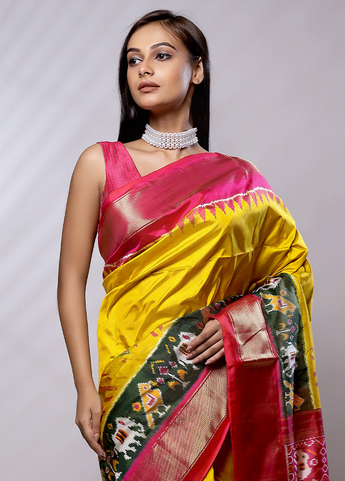 Yellow Handloom Ikkat Pure Silk Saree With Blouse Piece