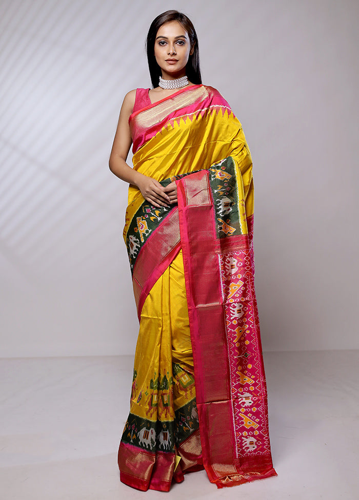 Yellow Handloom Ikkat Pure Silk Saree With Blouse Piece