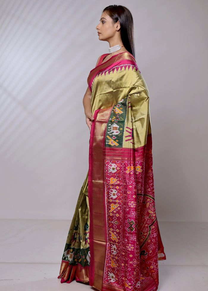 Green Handloom Ikkat Pure Silk Saree With Blouse Piece