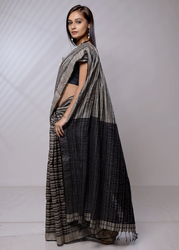 Black Handloom Matka Pure Silk Saree With Blouse Piece