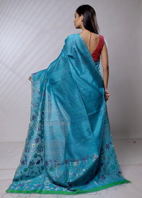 Blue Handloom Matka Pure Silk Saree With Blouse Piece - Indian Silk House Agencies