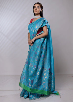 Blue Handloom Matka Pure Silk Saree With Blouse Piece