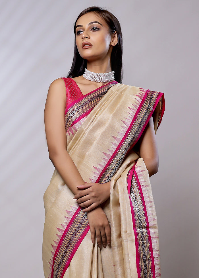 Cream Handloom Matka Pure Silk Saree With Blouse Piece