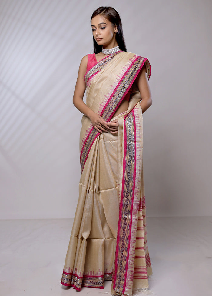 Cream Handloom Matka Pure Silk Saree With Blouse Piece