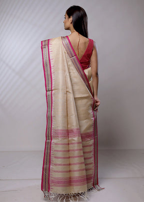 Cream Handloom Matka Pure Silk Saree With Blouse Piece - Indian Silk House Agencies