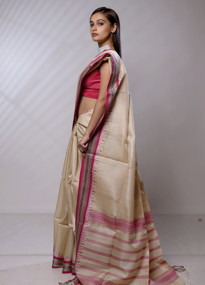 Cream Handloom Matka Pure Silk Saree With Blouse Piece - Indian Silk House Agencies