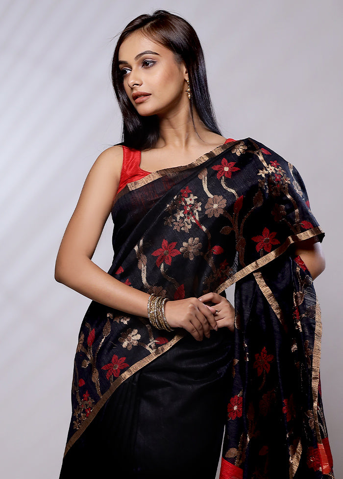 Black Handloom Matka Pure Silk Saree With Blouse Piece