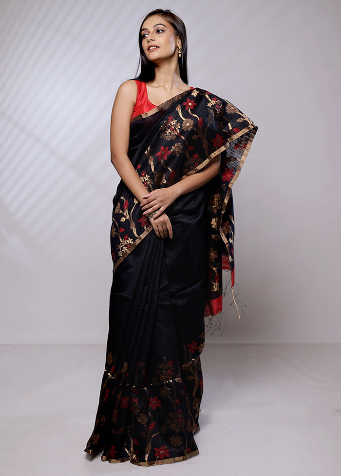 Black Handloom Matka Pure Silk Saree With Blouse Piece