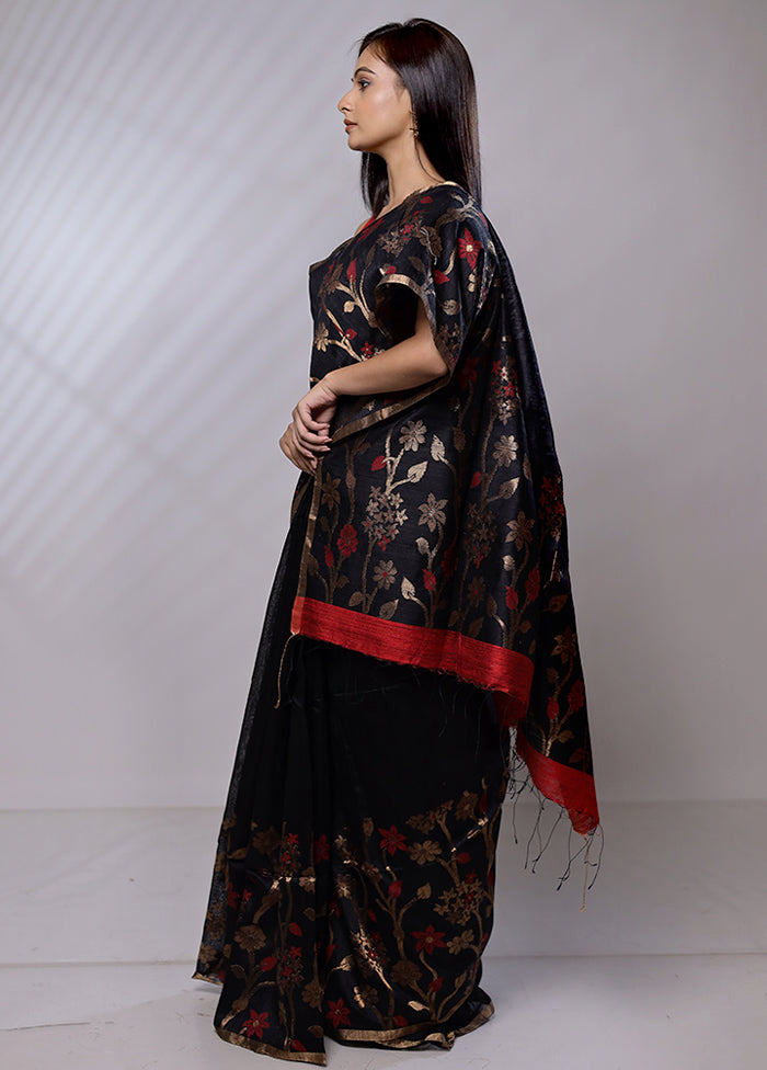 Black Handloom Matka Pure Silk Saree With Blouse Piece - Indian Silk House Agencies