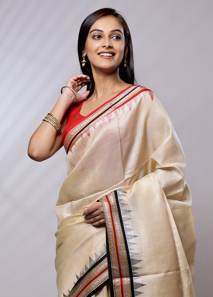 Cream Handloom Matka Pure Silk Saree With Blouse Piece