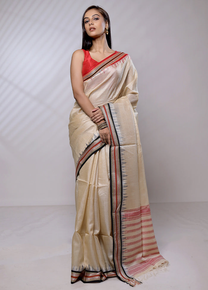 Cream Handloom Matka Pure Silk Saree With Blouse Piece