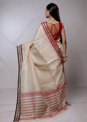 Cream Handloom Matka Pure Silk Saree With Blouse Piece