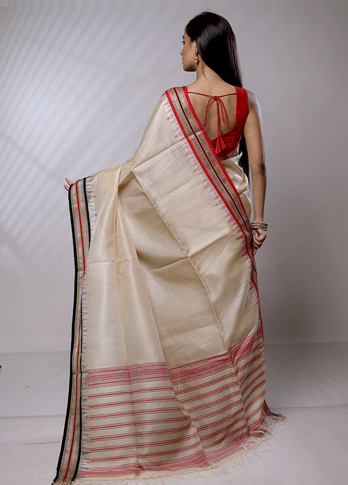 Cream Handloom Matka Pure Silk Saree With Blouse Piece