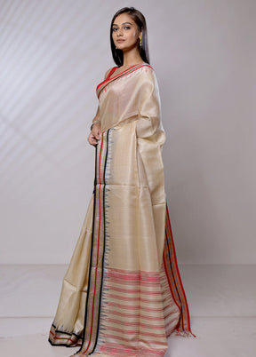 Cream Handloom Matka Pure Silk Saree With Blouse Piece