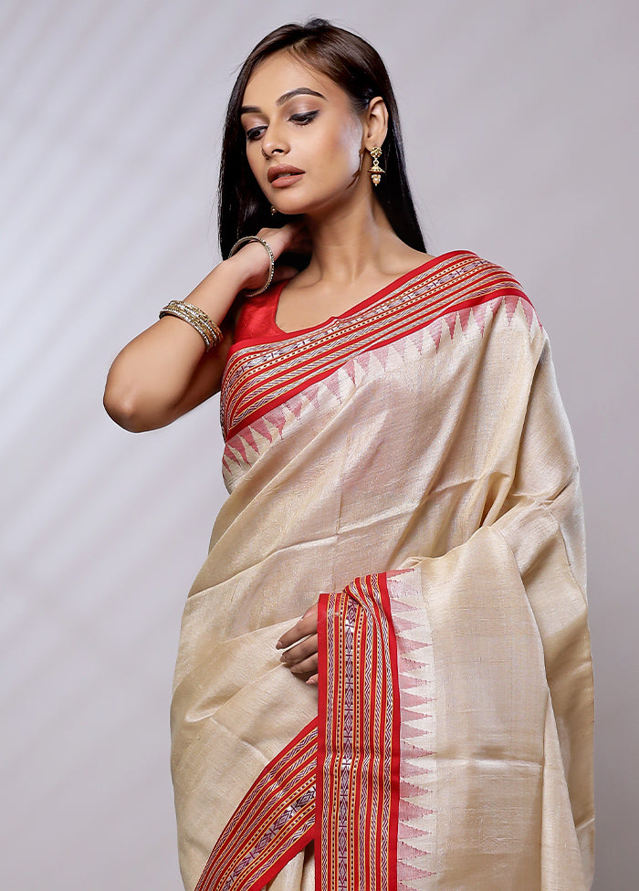 Cream Handloom Matka Pure Silk Saree With Blouse Piece