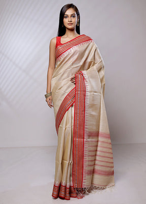 Cream Handloom Matka Pure Silk Saree With Blouse Piece