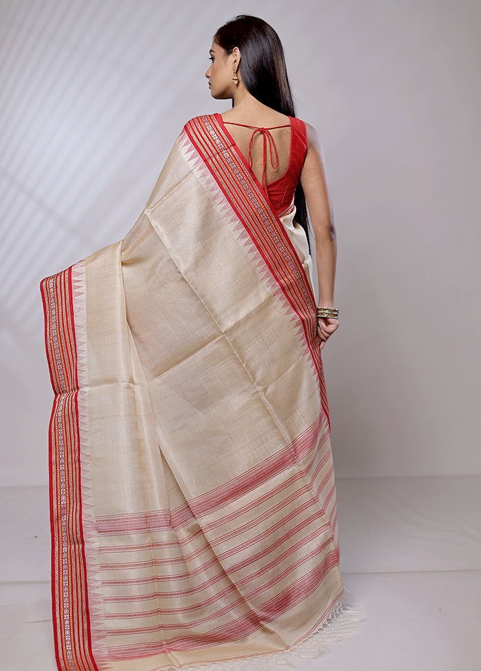 Cream Handloom Matka Pure Silk Saree With Blouse Piece