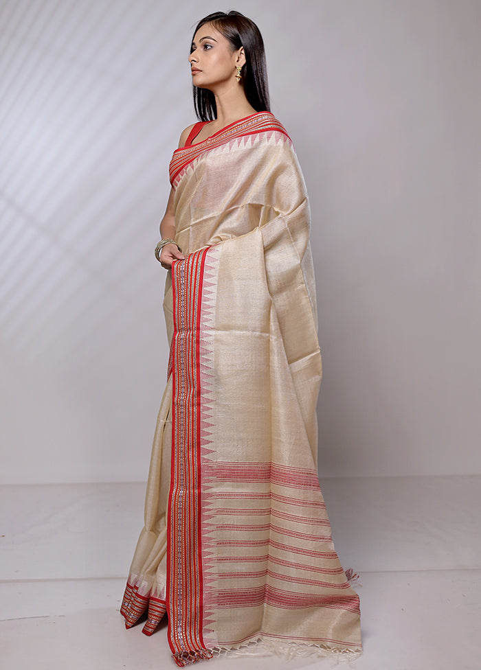 Cream Handloom Matka Pure Silk Saree With Blouse Piece