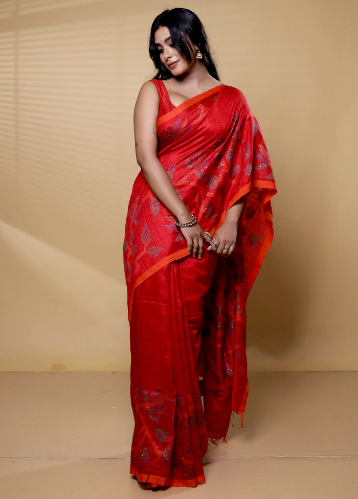 Red Handloom Matka Pure Silk Saree With Blouse Piece