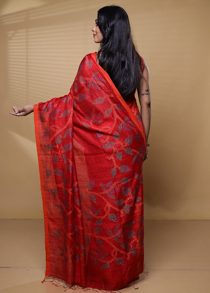 Red Handloom Matka Pure Silk Saree With Blouse Piece