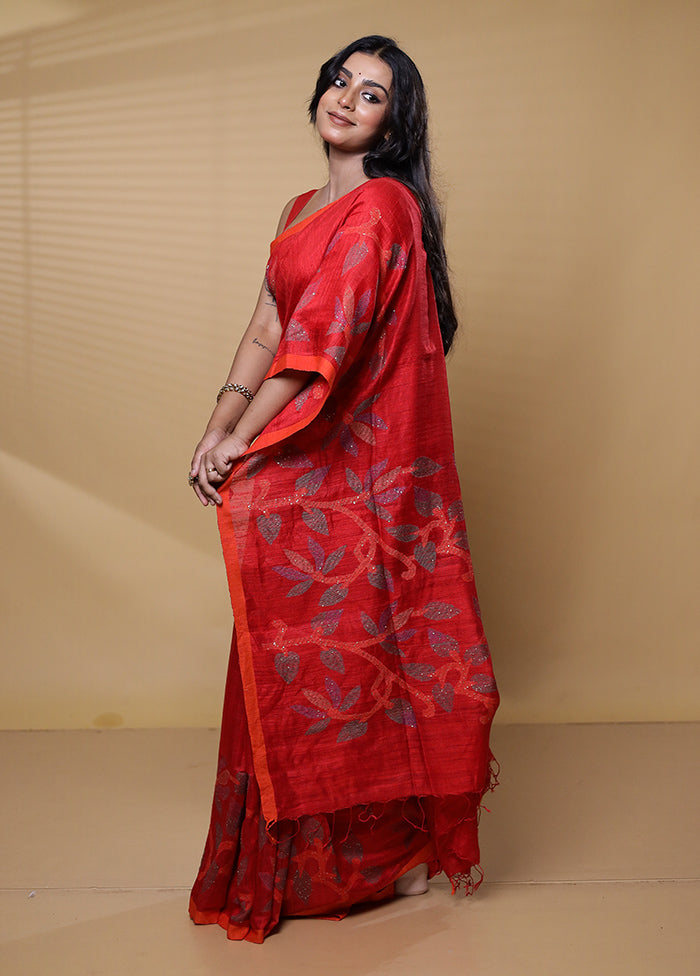 Red Handloom Matka Pure Silk Saree With Blouse Piece