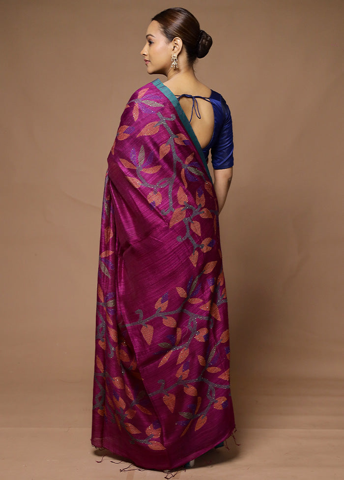 Purple Handloom Matka Pure Silk Saree With Blouse Piece