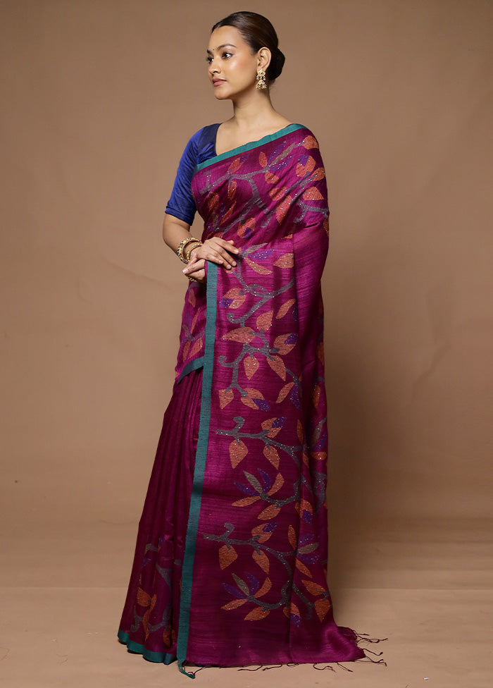 Purple Handloom Matka Pure Silk Saree With Blouse Piece