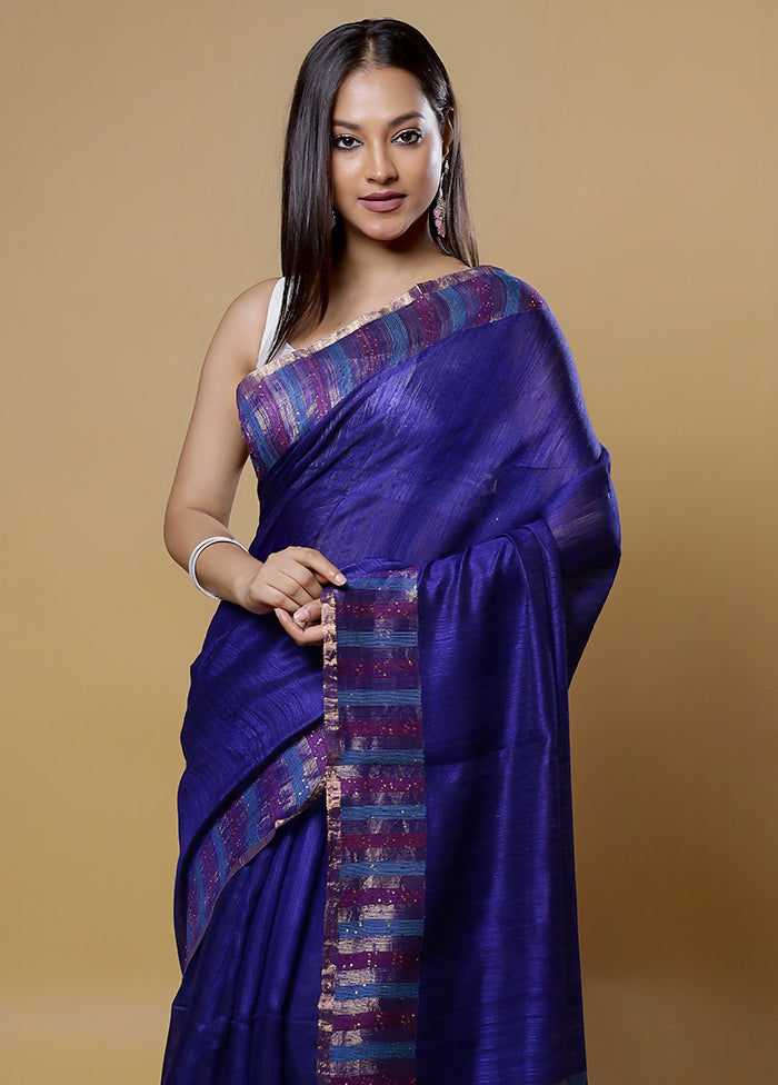 Blue Handloom Matka Pure Silk Saree With Blouse Piece