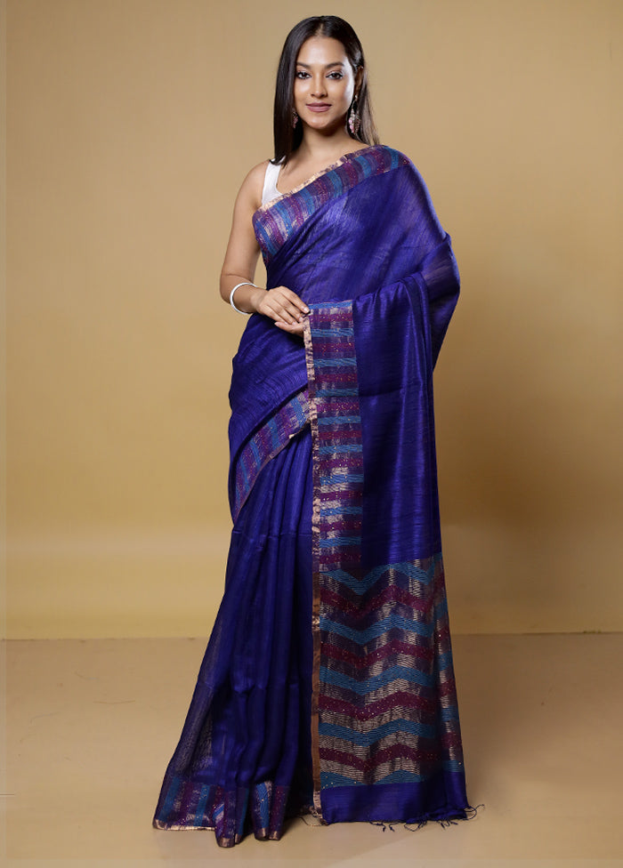 Blue Handloom Matka Pure Silk Saree With Blouse Piece