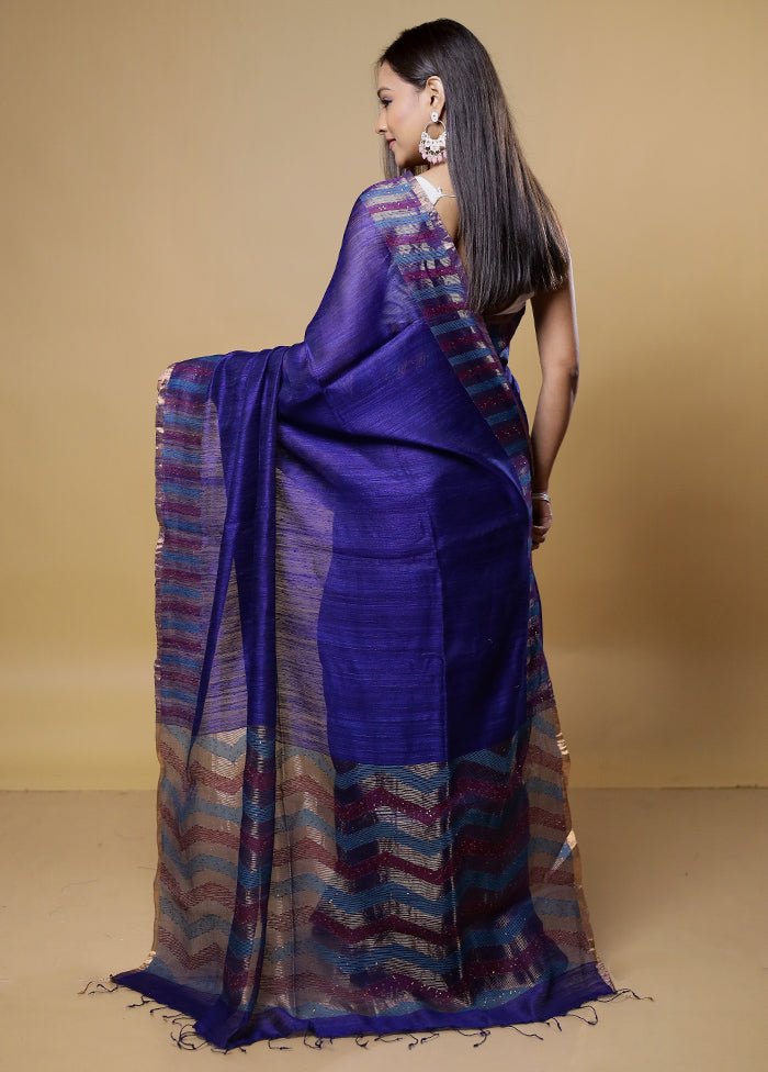 Blue Handloom Matka Pure Silk Saree With Blouse Piece