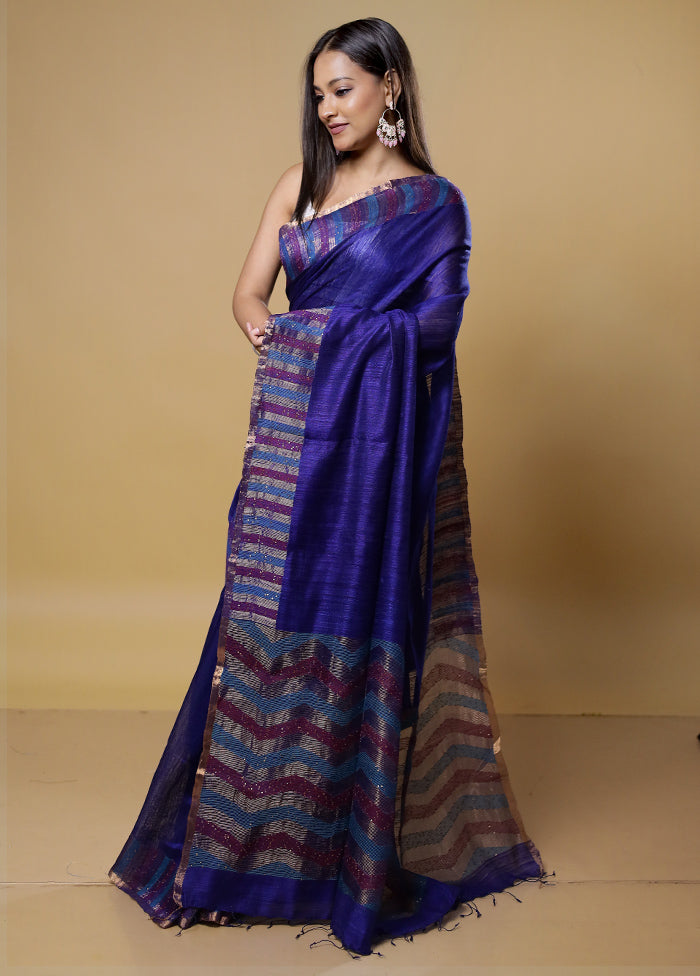 Blue Handloom Matka Pure Silk Saree With Blouse Piece