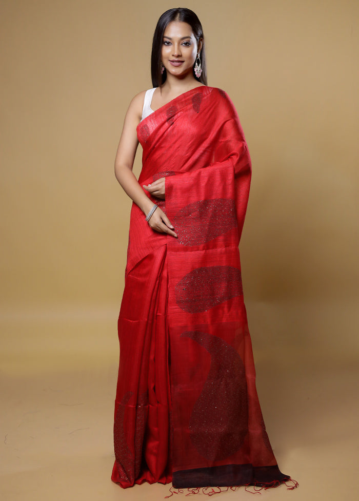 Red Handloom Matka Pure Silk Saree With Blouse Piece