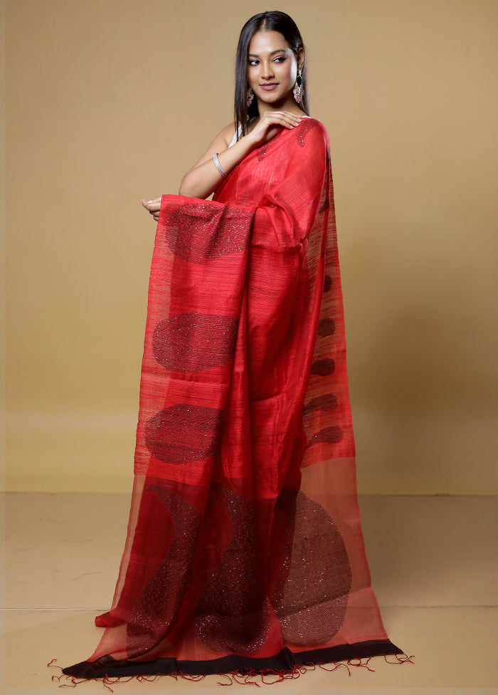 Red Handloom Matka Pure Silk Saree With Blouse Piece