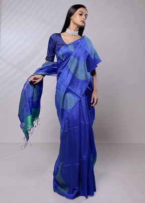 Blue Handloom Matka Pure Silk Saree With Blouse Piece