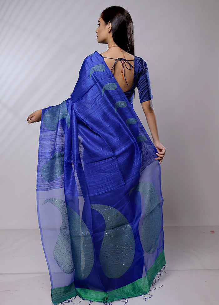 Blue Handloom Matka Pure Silk Saree With Blouse Piece