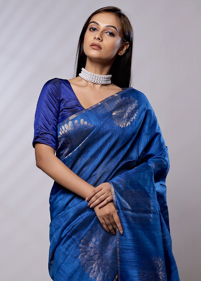 Blue Handloom Matka Pure Silk Saree With Blouse Piece