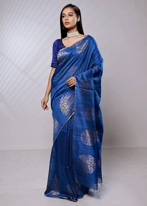 Blue Handloom Matka Pure Silk Saree With Blouse Piece