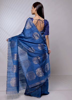 Blue Handloom Matka Pure Silk Saree With Blouse Piece